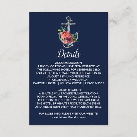 Floral Anchor | Navy Autumn Wedding Details Enclosure Card