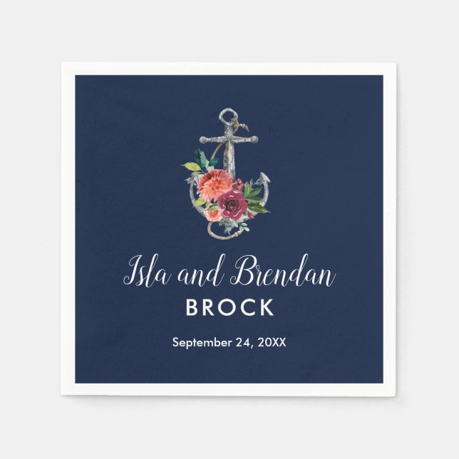 Floral Anchor | Navy Autumn Wedding Napkins (Front)