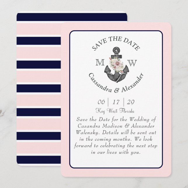 Floral Anchor Navy Blue Pink Nautical Wedding  Invitation (Front/Back)