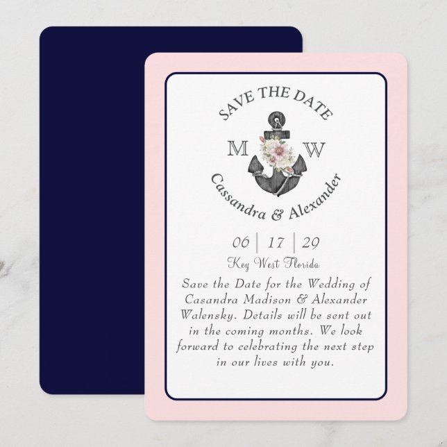 Floral Anchor Navy Blue Pink Nautical Wedding  Invitation (Front/Back)