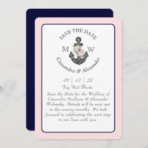 Floral Anchor Navy Blue Pink Nautical Wedding Invitation
