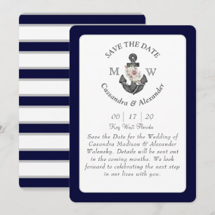 Floral Anchor Navy Blue White Nautical Wedding Invitation