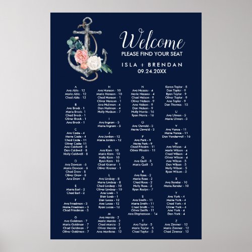 Floral Anchor Navy Summer Alphabetical Table Plan Poster