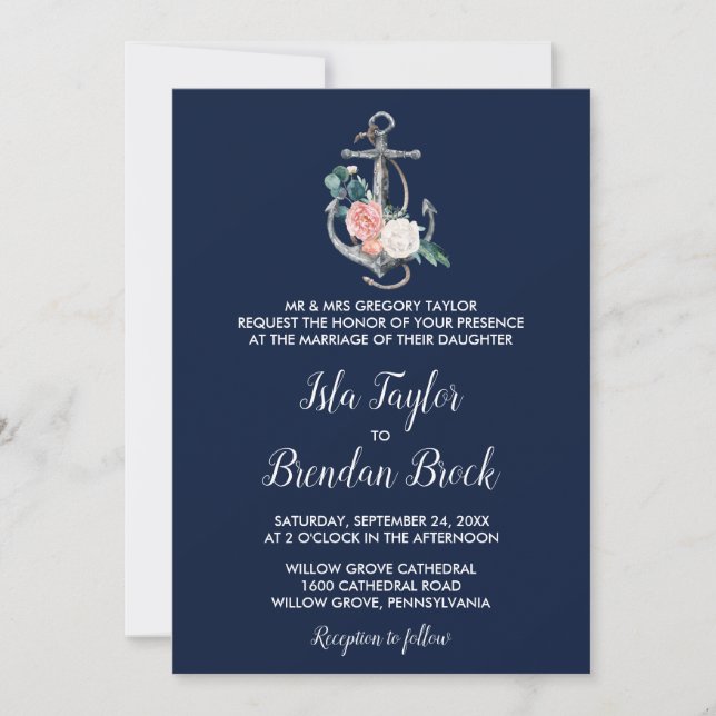 Floral Anchor | Navy Summer Formal Wedding Invitation (Front)