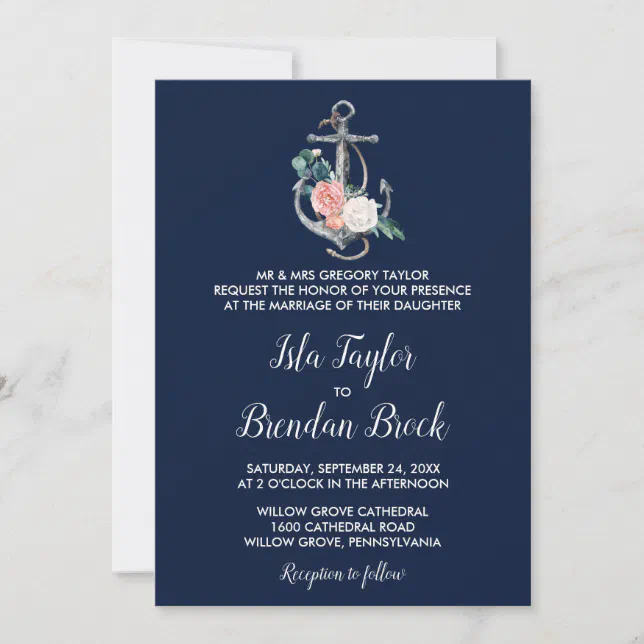 Floral Anchor | Navy Summer Formal Wedding Invitation | Zazzle