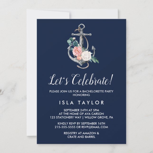 Floral Anchor | Navy Summer Let's Celebrate Invitation (Front)