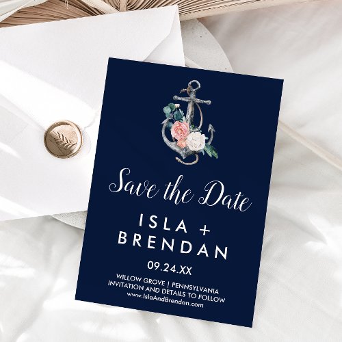 Floral Anchor  Navy Summer Save the Date Card