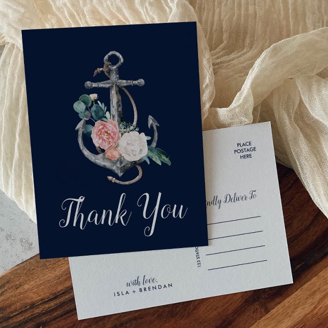 Floral Anchor | Navy Summer Thank You Postcard (Creator Uploaded)