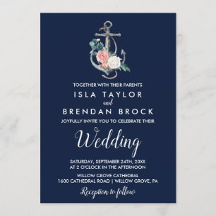 Floral Anchor   Navy Summer Wedding Invitation