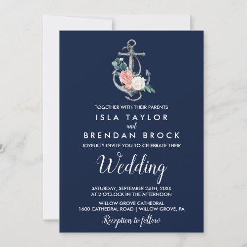 Floral Anchor  Navy Summer Wedding Invitation