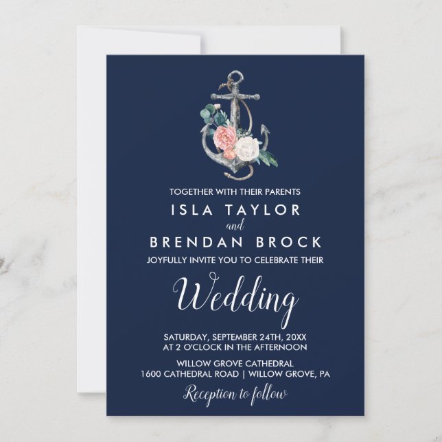Floral Anchor | Navy Summer Wedding Invitation (Front)