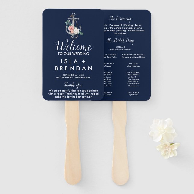 Floral Anchor | Navy Summer Wedding Program Hand Fan (Front and Back)