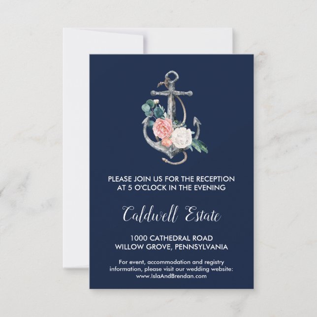 Floral Anchor Navy Summer Wedding Reception Card (Front)