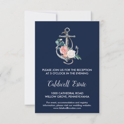 Floral Anchor Navy Summer Wedding Reception Card