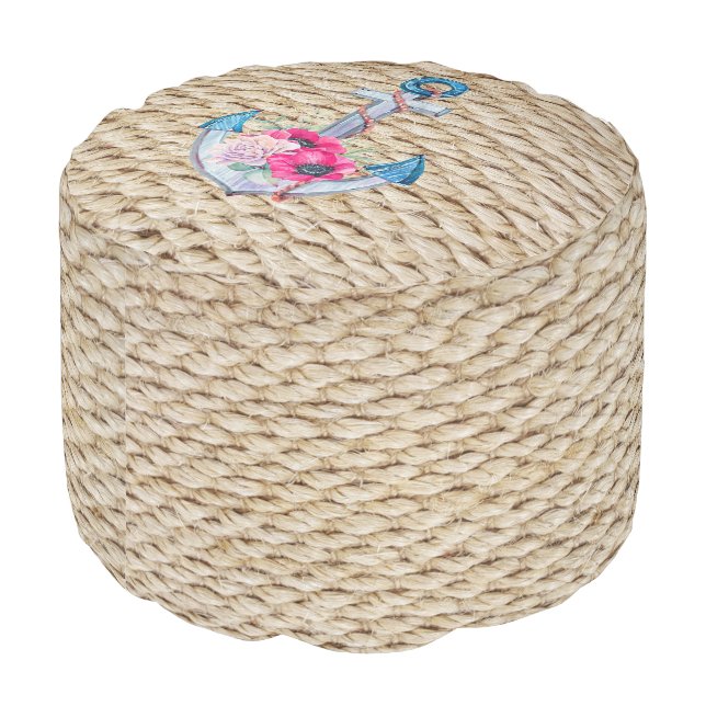 Floral Anchor on Nautical Rope Pouf (Angled Back)