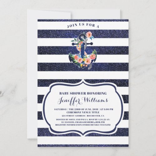 Floral anchor on striped baby Shower Invitation