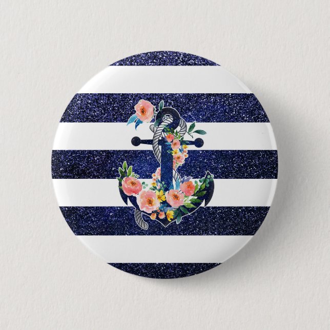 Floral anchor on striped background button (Front)
