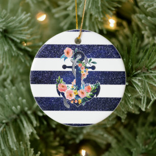 Floral anchor on striped background ceramic ornament