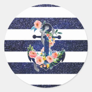 Floral anchor on striped background classic round sticker