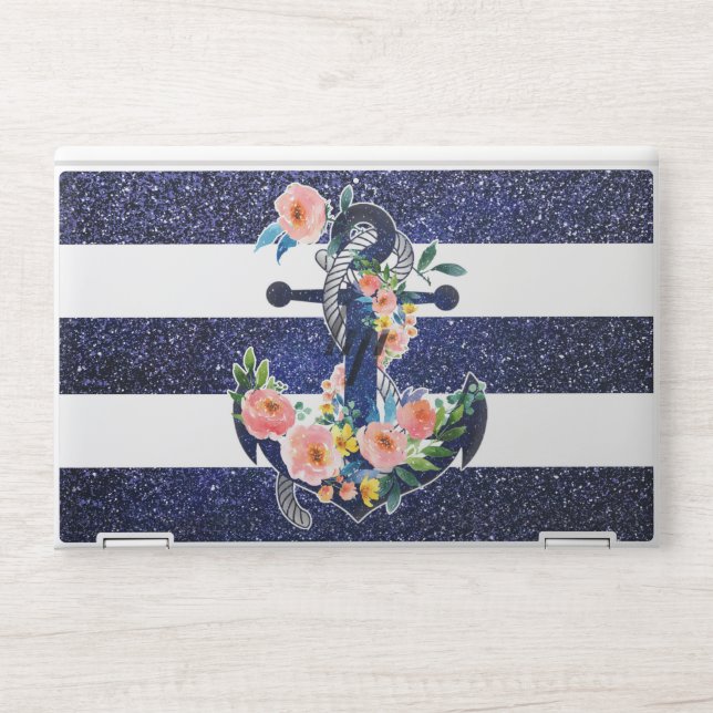Floral anchor on striped background HP laptop skin (Front)