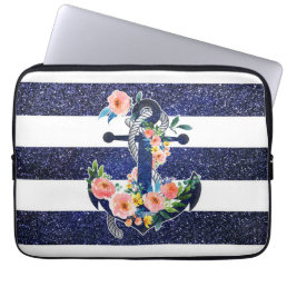 Floral anchor on striped background laptop sleeve