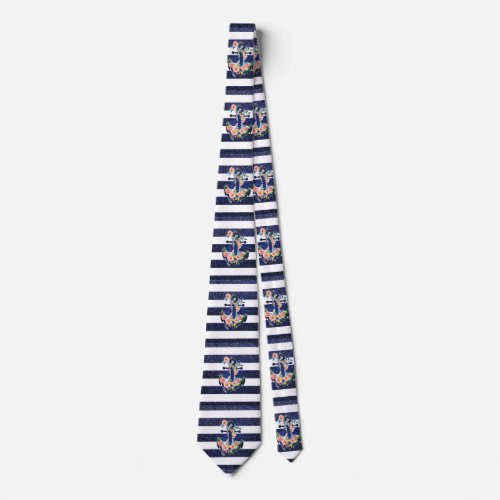 Floral anchor on striped background neck tie