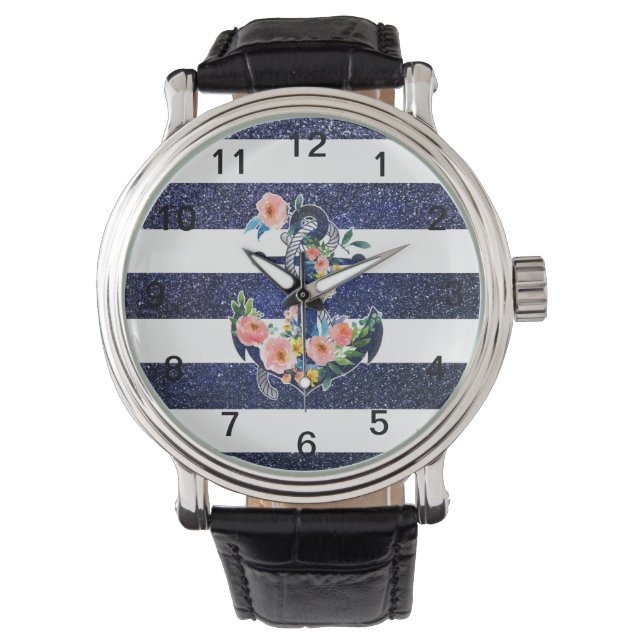 Floral anchor on striped background watch (Front)