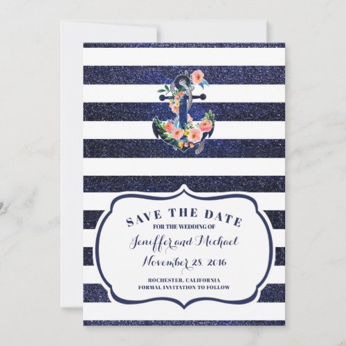 Floral anchor on striped save the date invitation