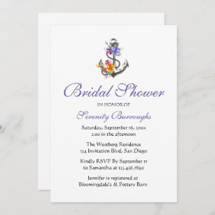 Floral Anchor Purple Beach Nautical Bridal Shower  Invitation