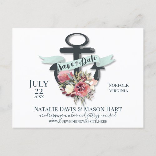 Floral Anchor Ribbon Banner Nautical Save the Date Announcement Postcard