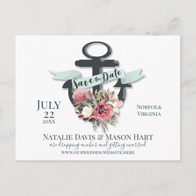 Floral Anchor Ribbon Banner Nautical Save the Date Announcement Postcard (Front)