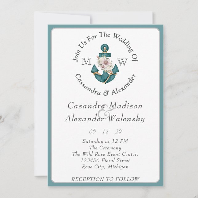 Floral Anchor Rope Beach Wedding Teal Aqua Blue Invitation (Front)