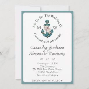 Floral Anchor Rope Beach Wedding Teal Aqua Blue Invitation