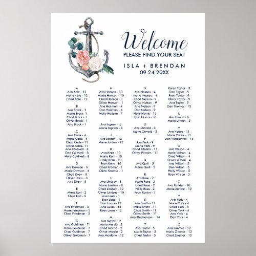 Floral Anchor  Summer Alphabetical Seating Chart