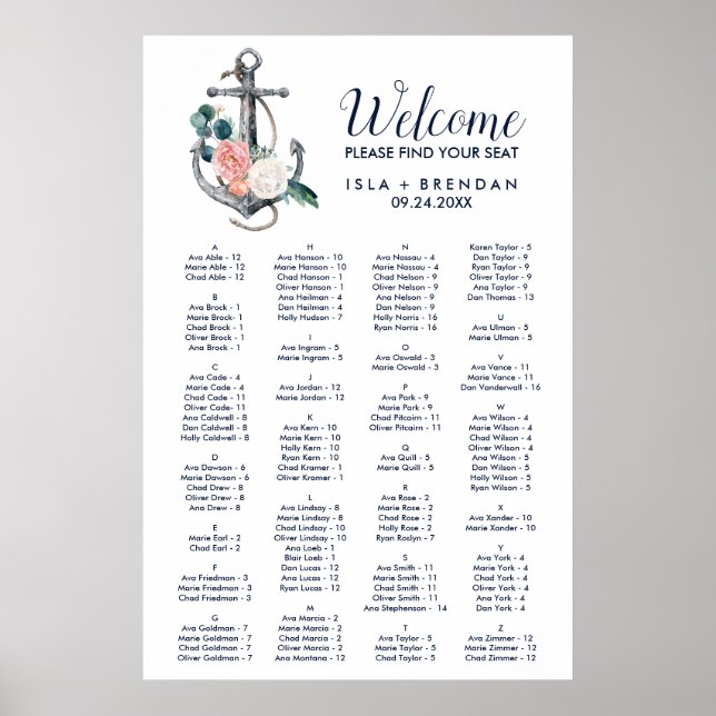 Floral Anchor | Summer Alphabetical Seating Chart (Front)