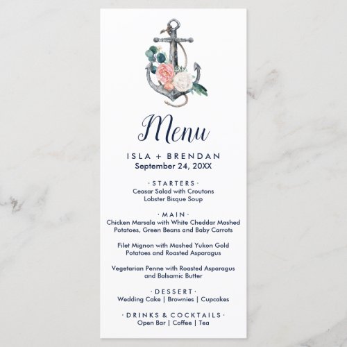 Floral Anchor  Summer Dinner Menu Card