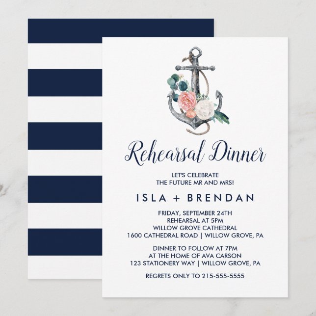Floral Anchor | Summer Rehearsal Dinner Invitation (Front/Back)