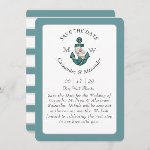 Floral Anchor Teal Aqua Blue Nautical Wedding Invitation