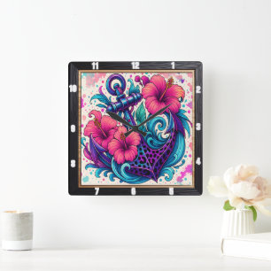 Floral Anchor Tropical Vibes Square Wall Clock