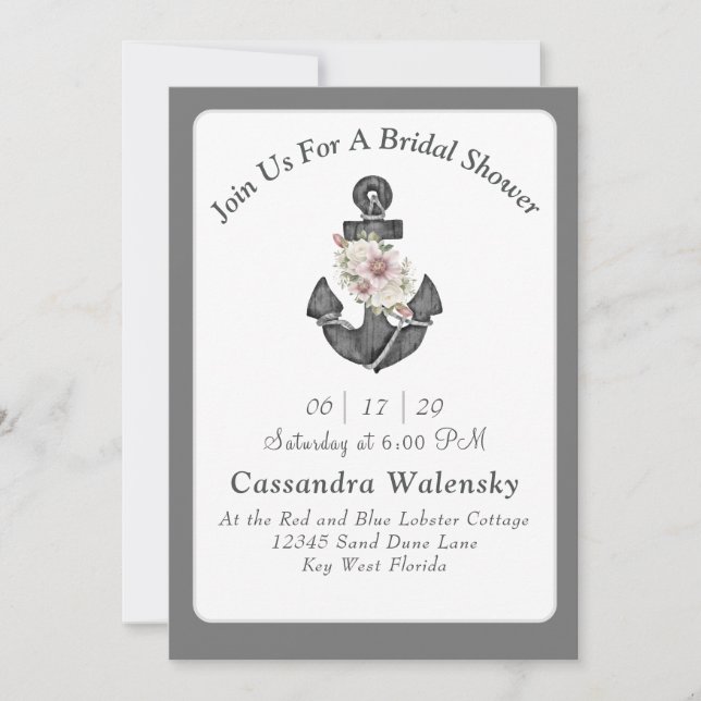 Floral Anchor White Silver Gray Nautical Wedding  Invitation (Front)