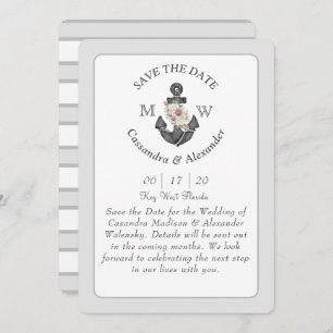 Floral Anchor White Silver Gray Nautical Wedding Invitation