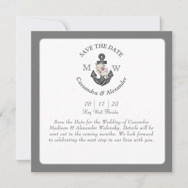 Floral Anchor White Silver Gray Nautical Wedding  Save The Date (Front)
