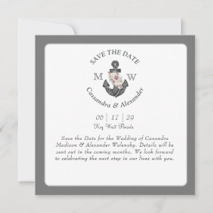 Floral Anchor White Silver Gray Nautical Wedding Save The Date
