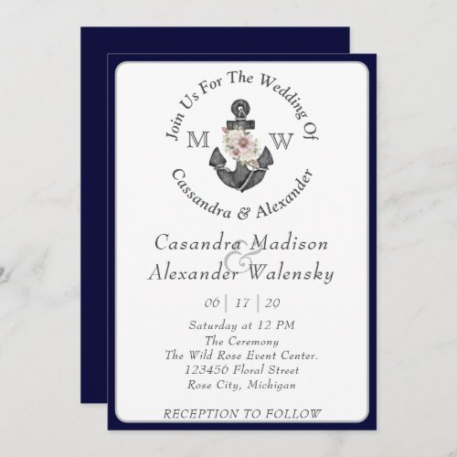 Floral Anchor with Rope Beach Wedding Navy Blue  Invitation