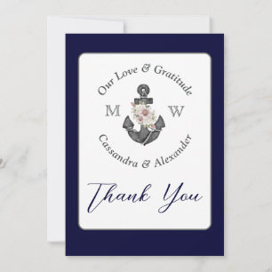 Floral Anchor with Rope Beach Wedding Navy Blue Thank You Card