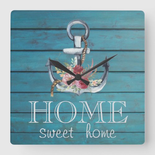 Floral AnchorWood Home Sweet Home  Square Wall Clock