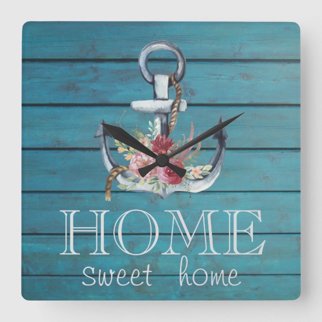 Floral Anchor,Wood ,Home Sweet Home  Square Wall Clock (Front)