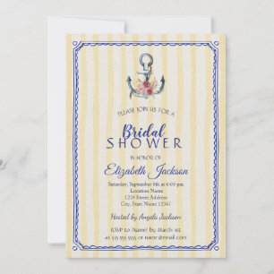 Floral Anchor Yellow Striped Bridal Shower Invitation