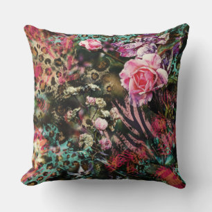 Floral and Animal Print Distressed Collage Throw Pillow