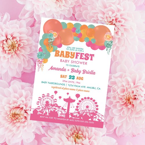 Floral and Balloon Festival Girl Baby Shower Invitation